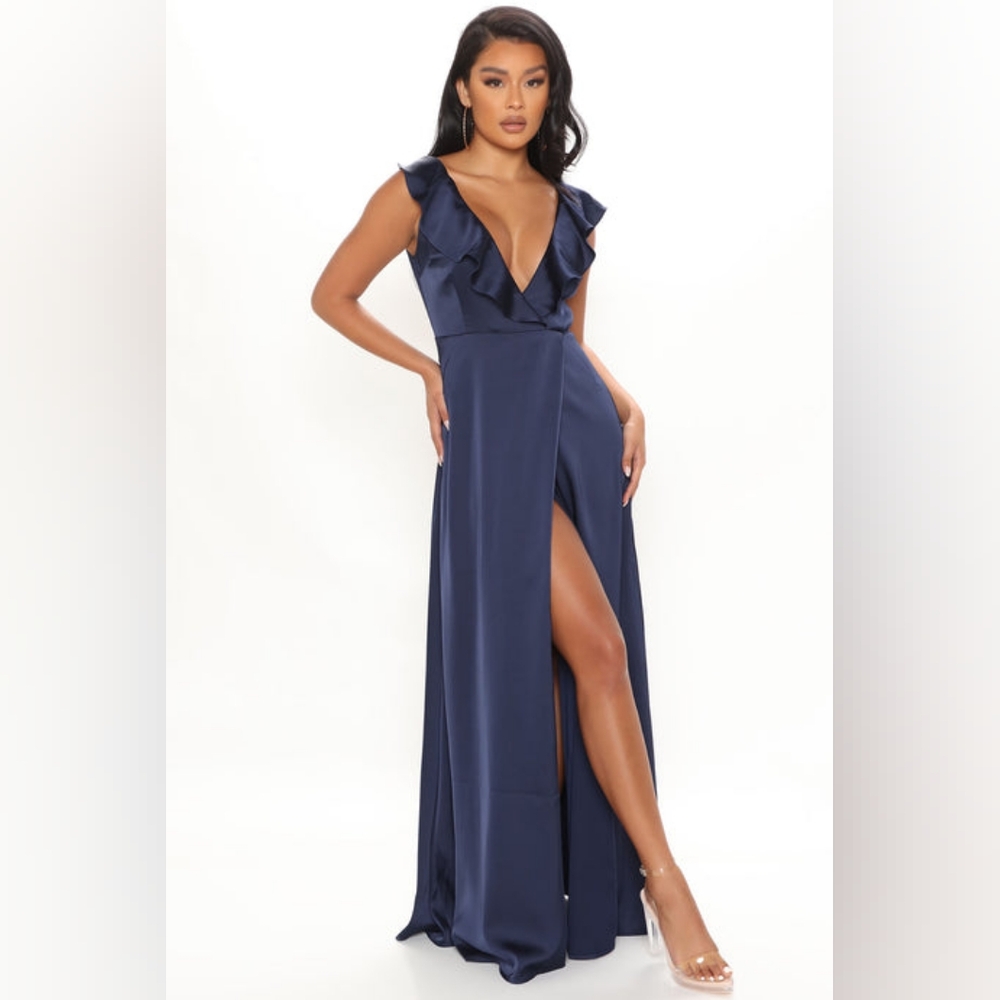 Fashion Nova "With You For Life" Navy Blue Ruffled Wrap Style Maxi Dress XS